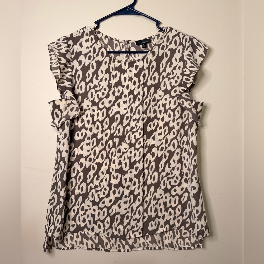 The Limited Taupe and Cream Animal Print Ruffle Sleeve Blouse